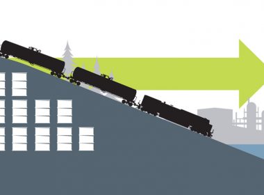 Graphic of oil barrels and a train going downhill - A\J AlternativesJournal.ca